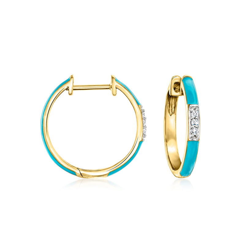 Blue enamel diamond hoop earrings in gold-tone, round hoops with gem accents