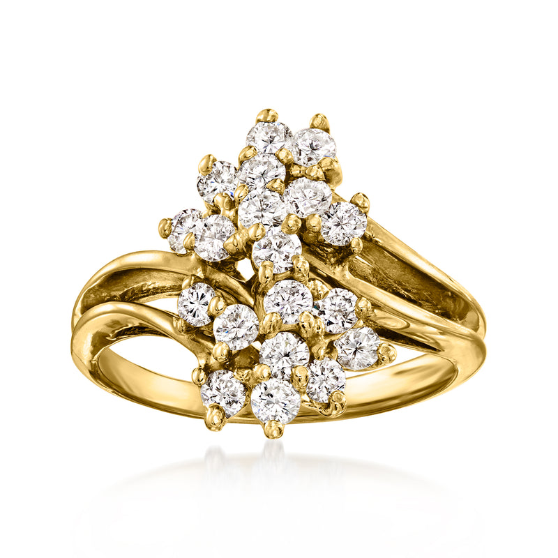 Yellow gold diamond waterfall cluster ring with round brilliant stones, scalloped settings