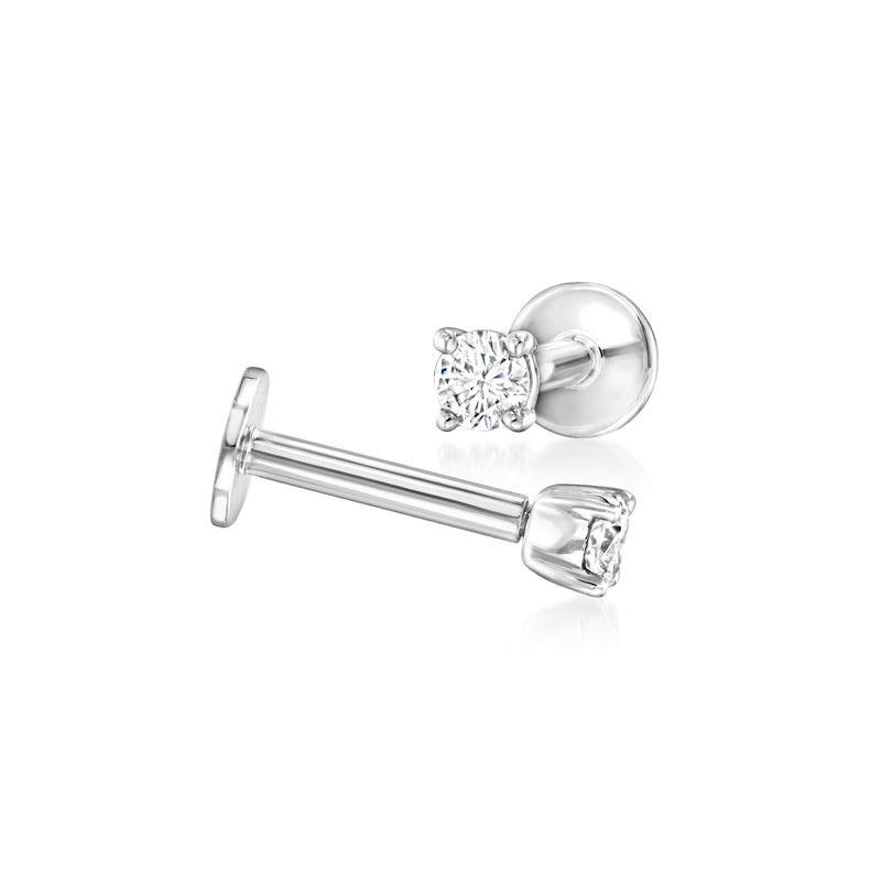 14kt white gold lab-grown diamond stud earrings, round solitaire with flat-back posts