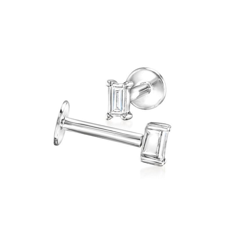 14kt white gold lab-grown diamond stud earrings, flat-back posts with baguette stones