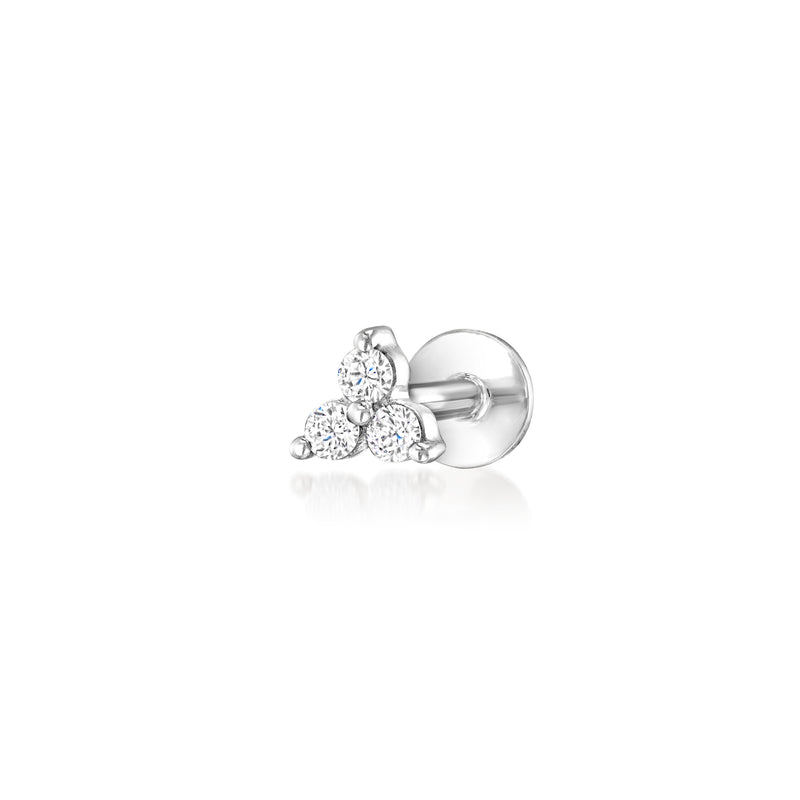 Three-stone lab-grown diamond stud earrings, 14kt white gold, flat-back posts