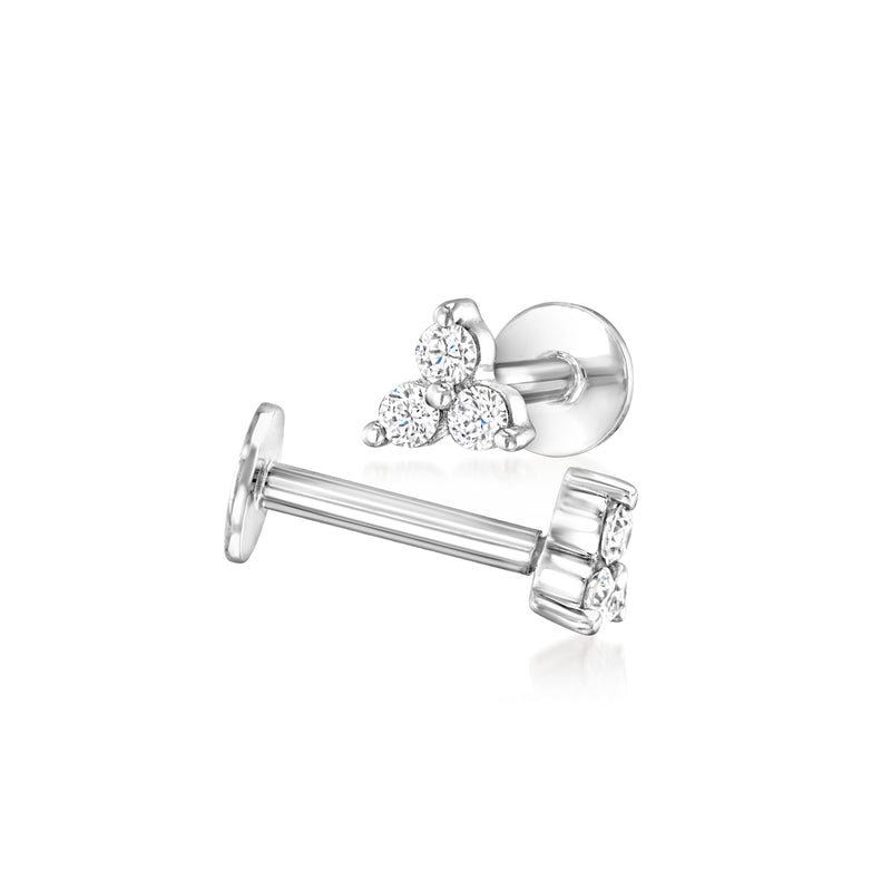 Three-stone diamond stud earring with flat-back post, 14kt white gold