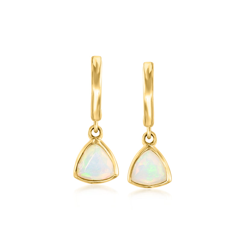 14kt yellow gold triangular opal drop earrings with dangling triangle stones