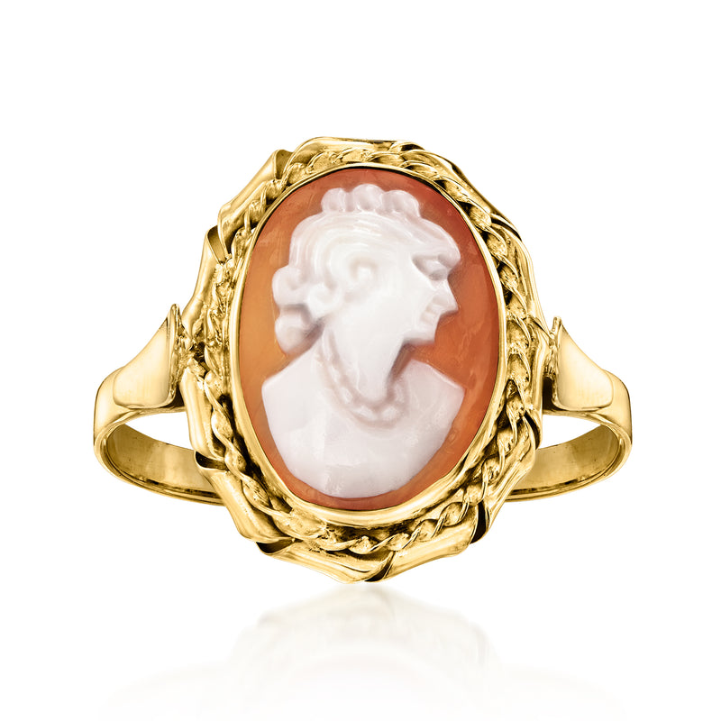 Vintage orange shell cameo ring in 18kt yellow gold, oval portrait setting