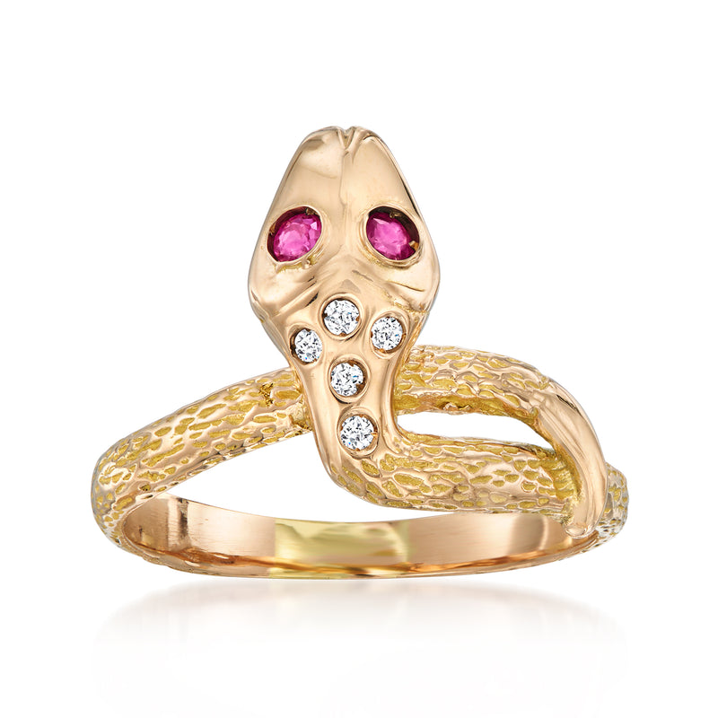 Vintage snake ring in 18kt yellow gold with ruby red and diamond accents
