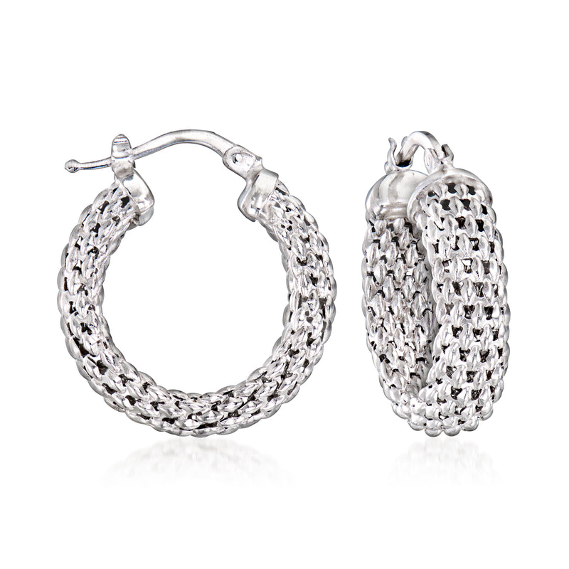 18kt white gold mesh hoop earrings with oval textured mesh and hinged clasp