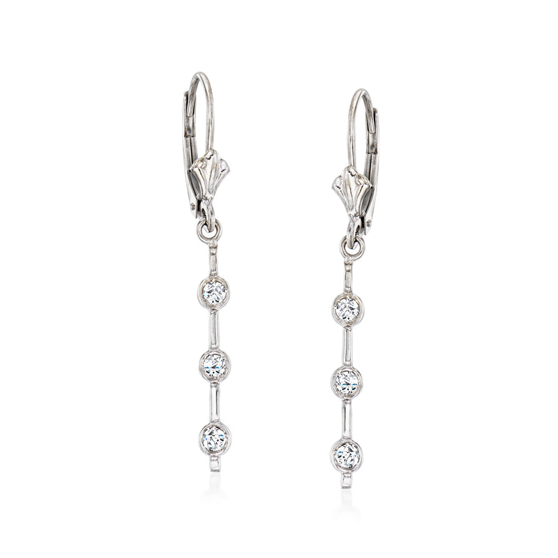 14kt white gold diamond drop leverback earrings with three round stones