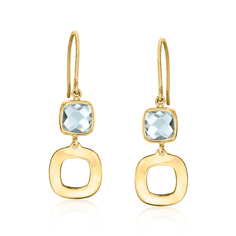 Geometric drop earrings in 10kt yellow gold with blue square topaz and oval charm