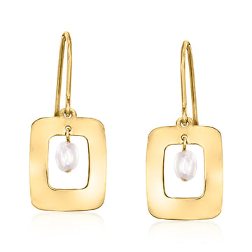 3-3.5mm Cultured Pearl Geometric Drop Earrings in 10kt Yellow Gold