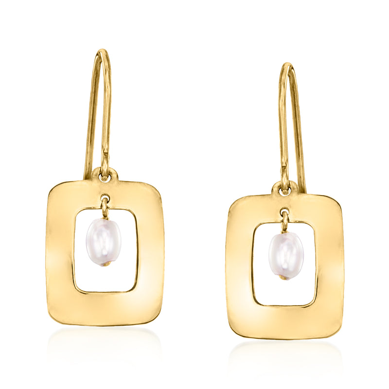 10kt yellow gold geometric square drop earrings with cultured pearl centers