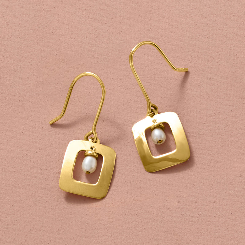 Geometric square drop earrings in 10kt yellow gold with cultured pearl