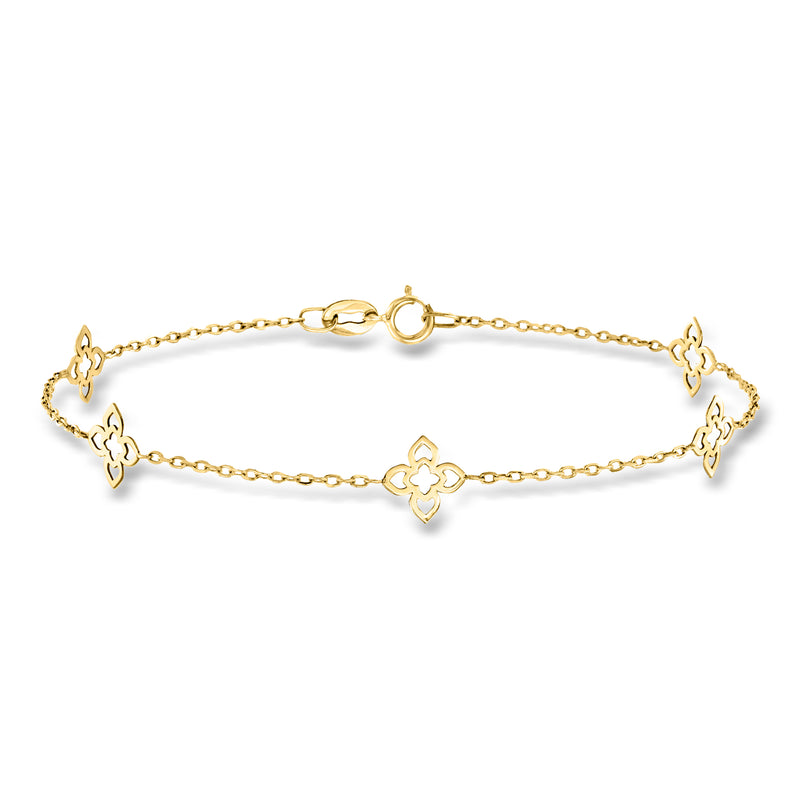 10k yellow gold flower station bracelet with small clover-shaped charms