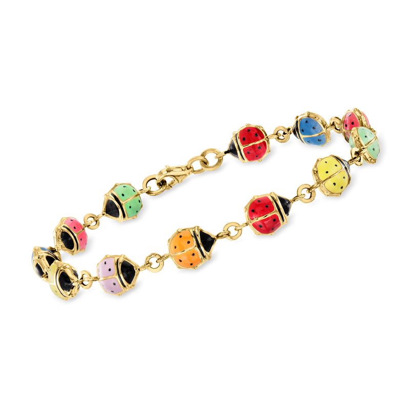 14kt yellow gold ladybug link bracelet with multicolored enamel charms