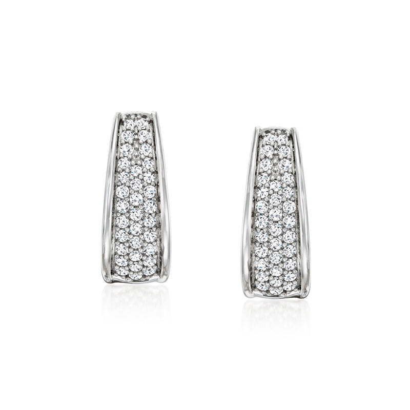 Sterling silver pave diamond hoop earrings, oval hoops with sparkling rectangular setting