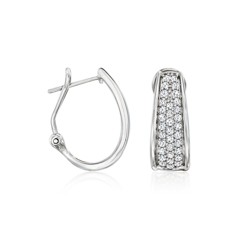 Sterling silver diamond pave hoop earrings, hinged oval hoop with clasp and bezel