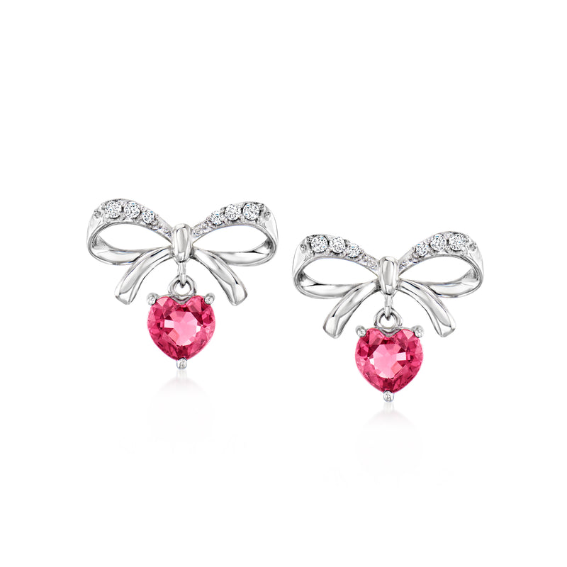 Sterling silver bow drop earrings with pink rhodolite heart gems and white topaz accents