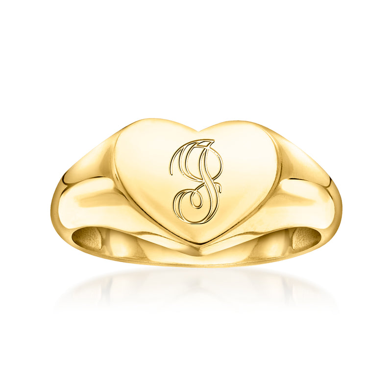 Gold vermeil heart signet ring with engraved initial, polished finish