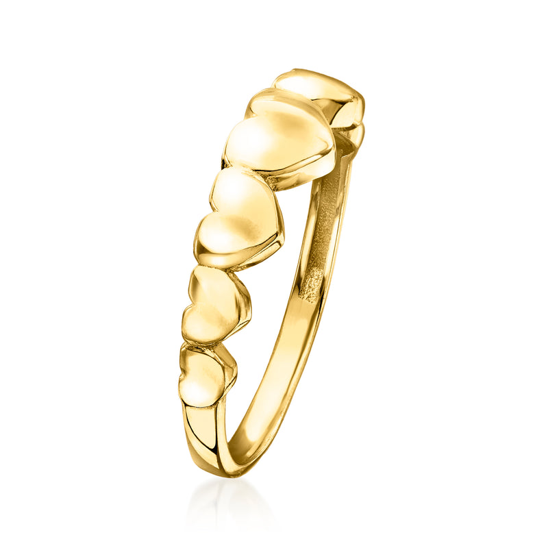 Gold over sterling graduated heart ring, side view with rounded heart links