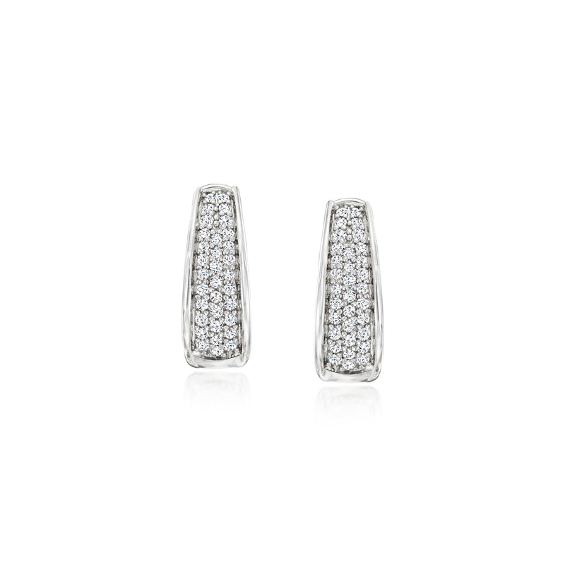 Sterling silver hoop earrings with pave diamond sparkle, rectangular bezel
