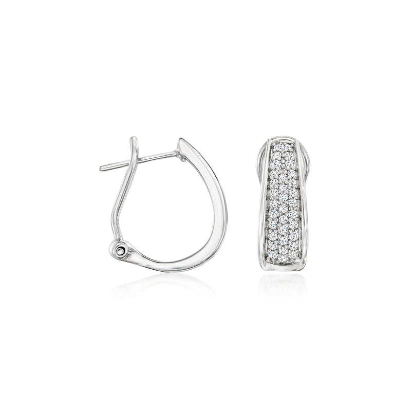 Sterling silver hoop earrings with pave diamond sparkle, hinged post clasp