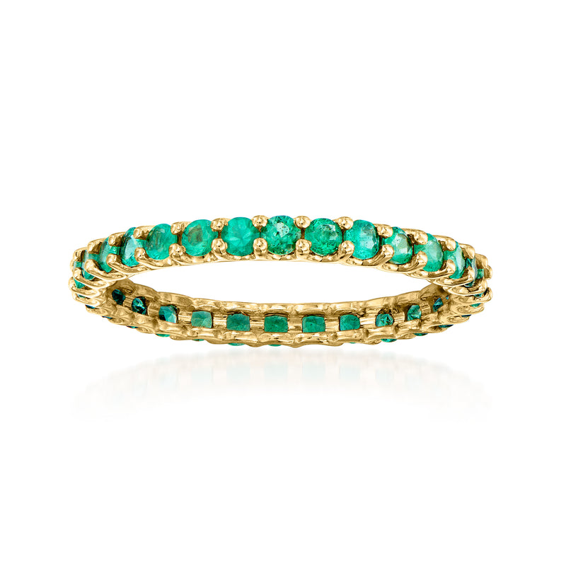 14kt yellow gold eternity band with green emerald-cut stones, .70 ct t.w.