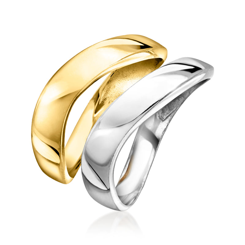 Gold and silver wavy stack rings with smooth rounded edges, polished shine