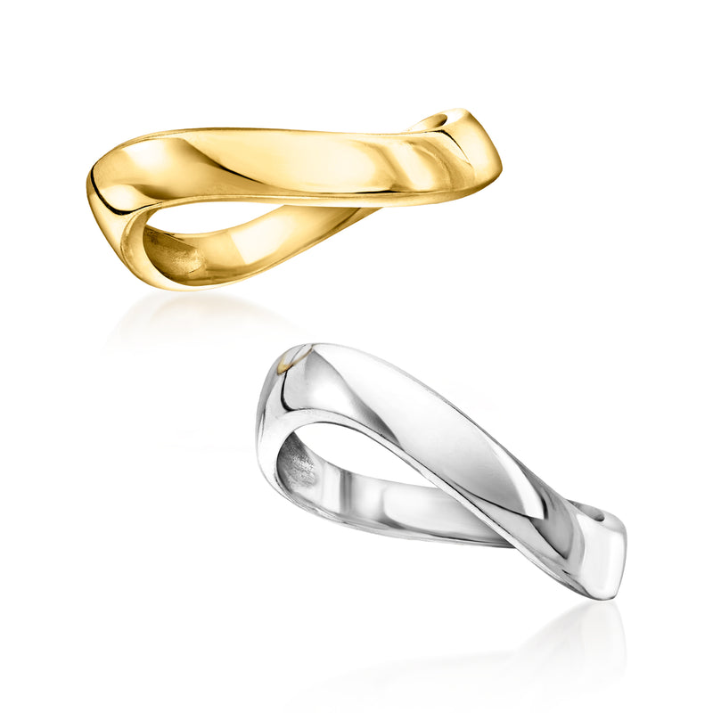Pair of wavy polished rings, gold band and silver band overlapping