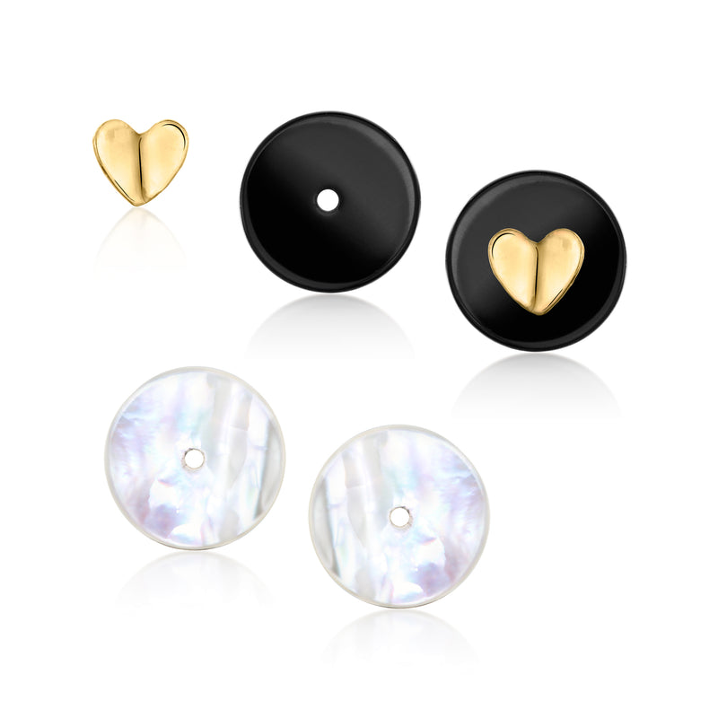 10kt yellow gold heart stud earrings with mother-of-pearl disc inserts and posts
