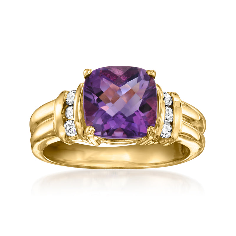Vintage amethyst and diamond ring in 14kt yellow gold, cushion-cut purple stone