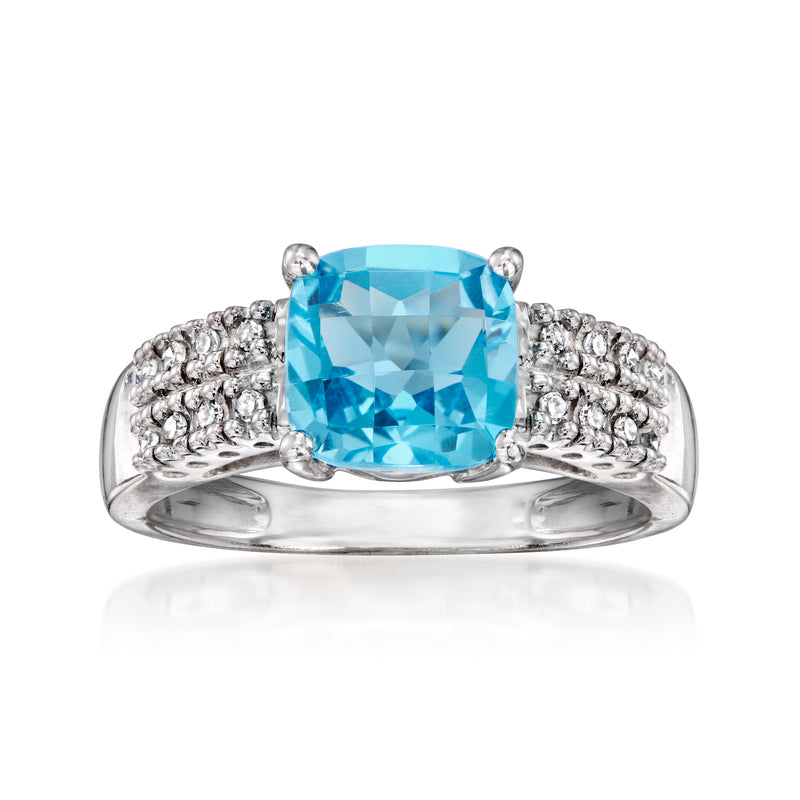 Swiss blue topaz and diamond ring in 14kt white gold