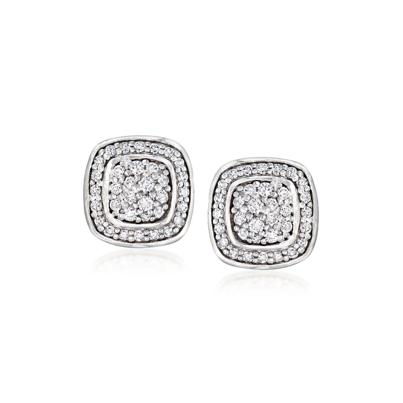 David Yurman vintage diamond stud earrings, sterling silver square halo with post backs