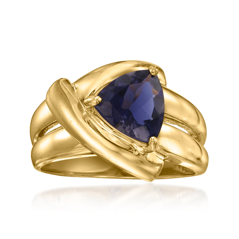 14kt yellow gold vintage ring with teardrop iolite gemstone, curved prongs