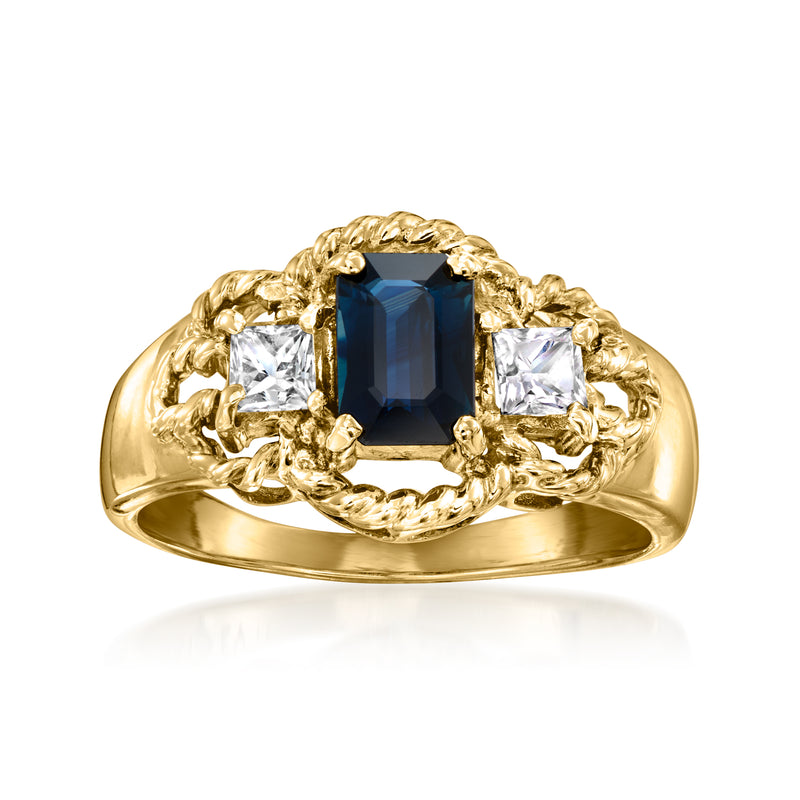 Vintage blue and white sapphire ring in 10kt yellow gold with ornate prong setting