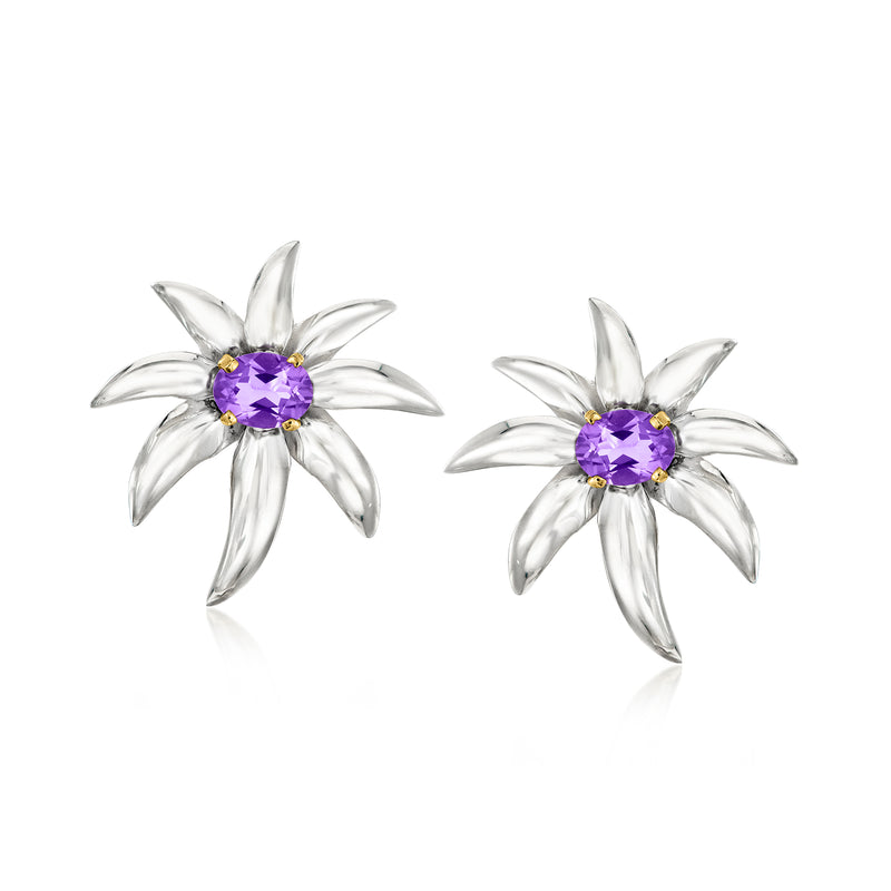 Vintage Tiffany amethyst flower stud earrings in sterling silver, purple round center