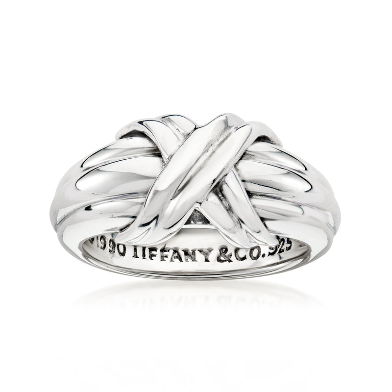 Vintage sterling silver X crossover ring with polished metal, stamped Tiffany & Co. 925