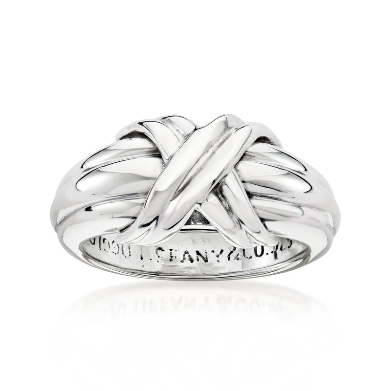 Vintage Tiffany sterling silver X-crossover ring, polished with engraved inside band.