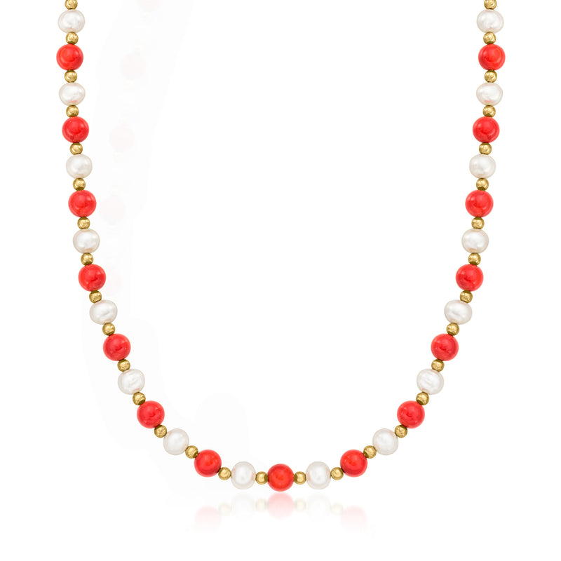 Vintage pearl and red coral bead necklace with 14kt yellow gold links, full strand