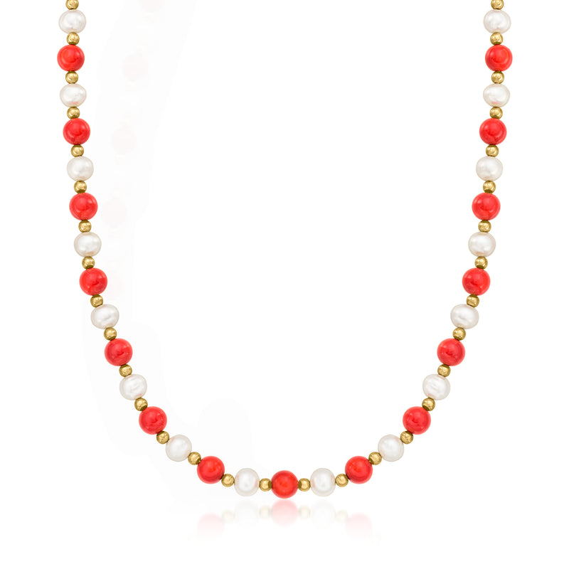 Cultured pearl and red coral bead necklace with yellow gold accents, bead-by-bead design