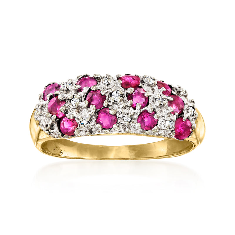 Vintage ruby and diamond ring with pink stones, white diamonds, 14kt yellow gold band