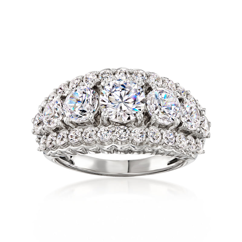 Sterling silver three-row CZ ring with round pave stones, polished band