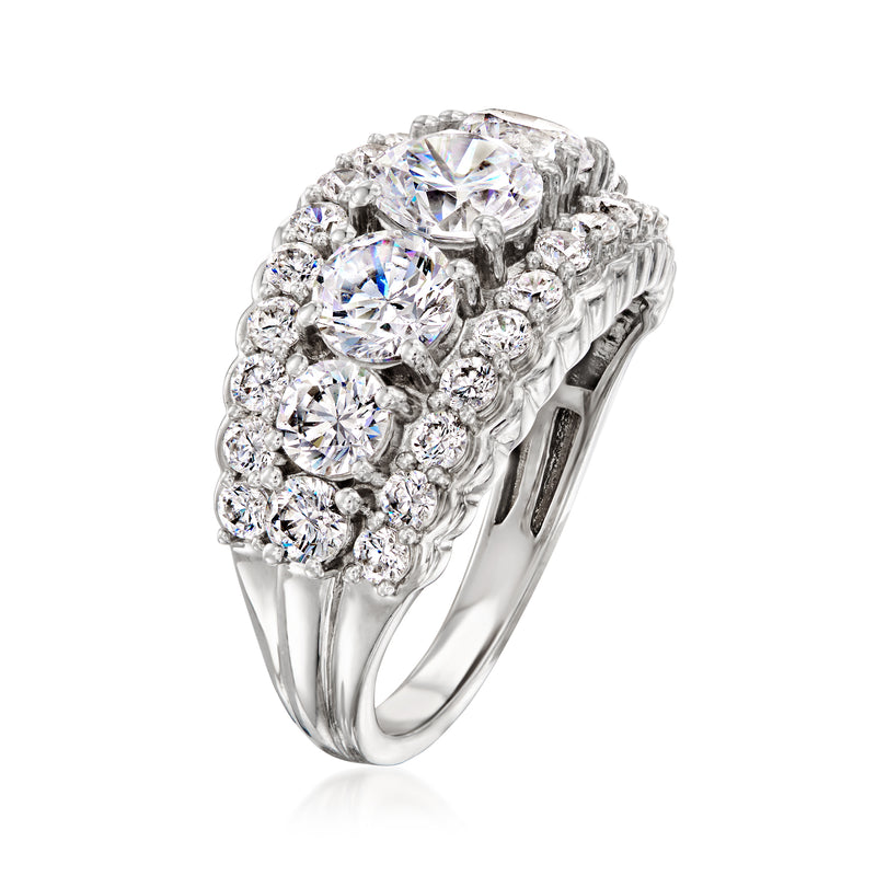 Sterling silver three-row CZ ring, side view with prong-set round stones