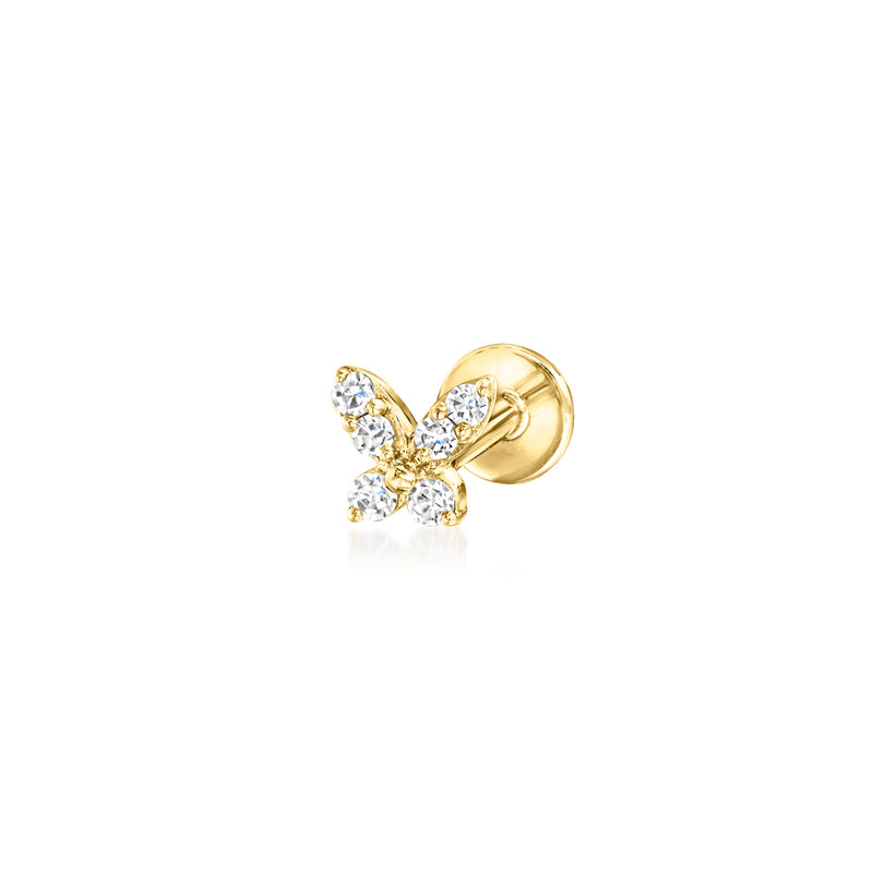 Butterfly diamond stud earring, lab-grown stones, 14kt yellow gold flat-back