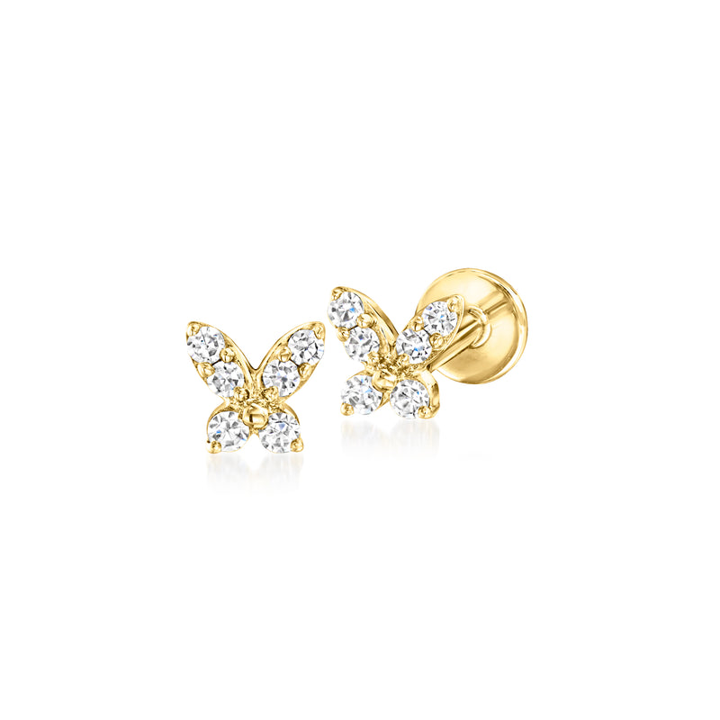 Pair of butterfly diamond stud earrings in 14kt yellow gold, flat-back