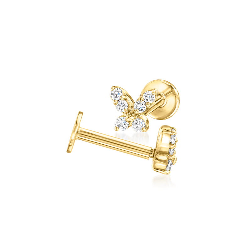 Butterfly diamond stud earring in 14kt yellow gold, post front view