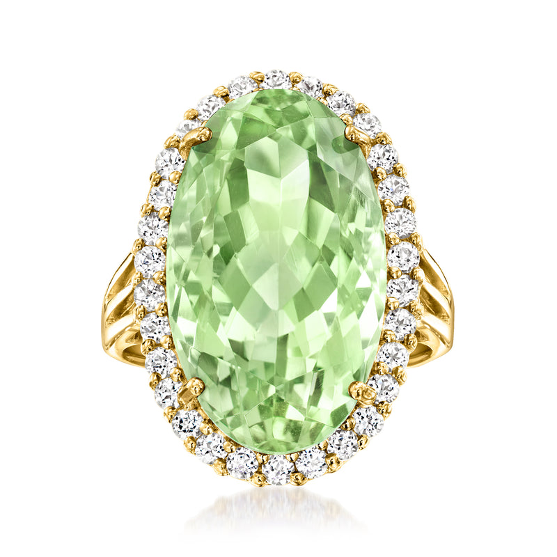 18kt gold over sterling ring, oval green prasiolite with white topaz halo