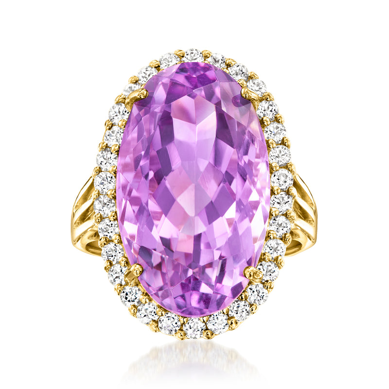 Oval amethyst gemstone ring with white topaz halo in gold over sterling