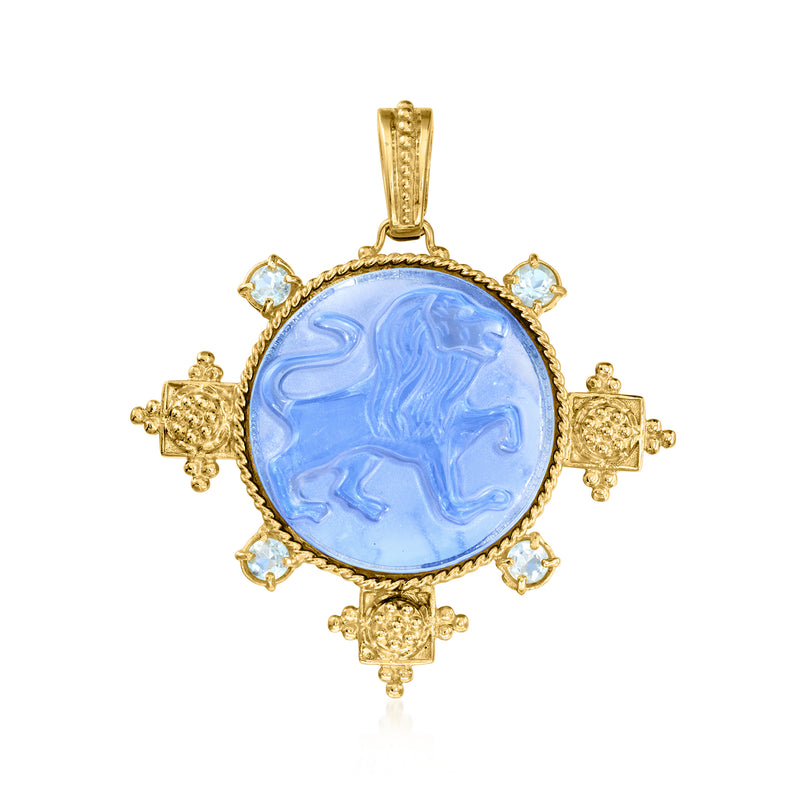 Gold-tone blue glass lion medallion pendant with small round light-blue stones