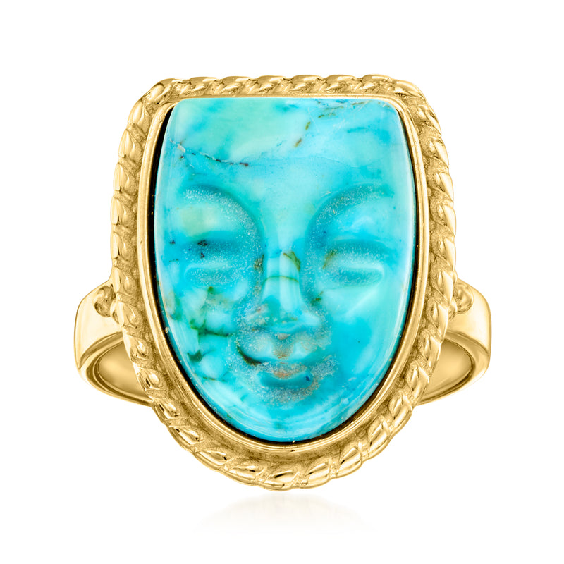 Gold-tone oval magnesite cabochon mask ring with twisted bezel and open band