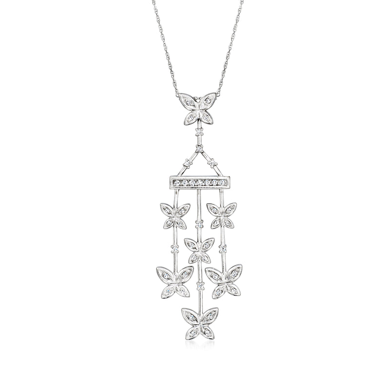 Vintage diamond butterfly pendant necklace, 14kt white gold chain with dangling butterfly charms