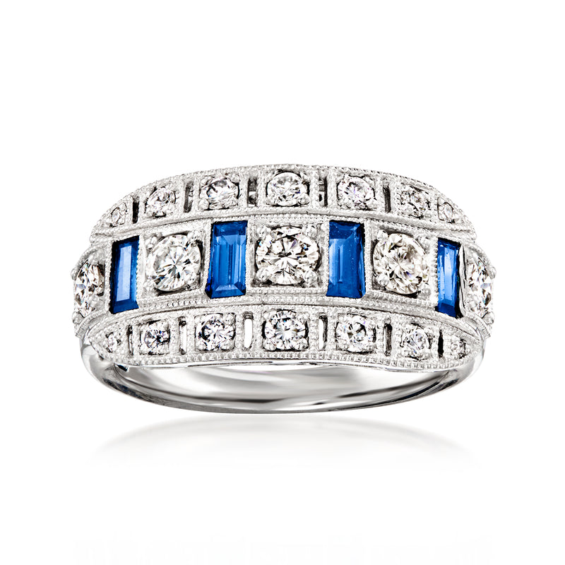 Platinum vintage-style ring with diamond rows and blue sapphire rectangular stones